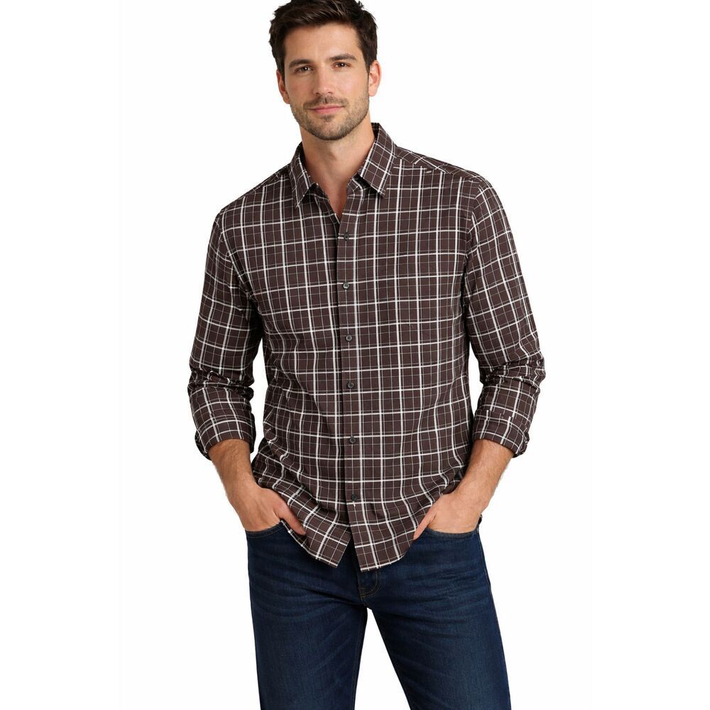 Perry Ellis Brown Plaid Cotton Shirt Large NWT Classic Regular Cut